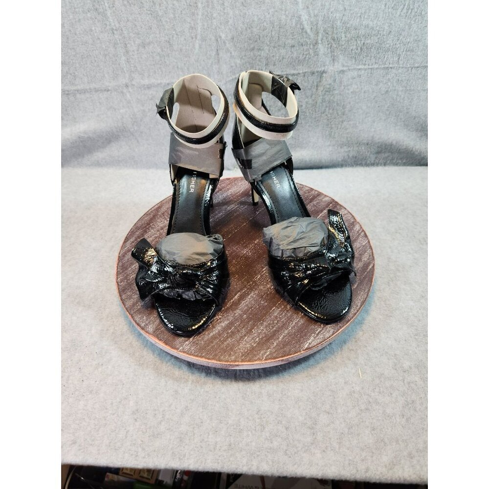 Marc Fisher Brodie Black Patent Leather Bow Heeled Sandals Size 9M‎